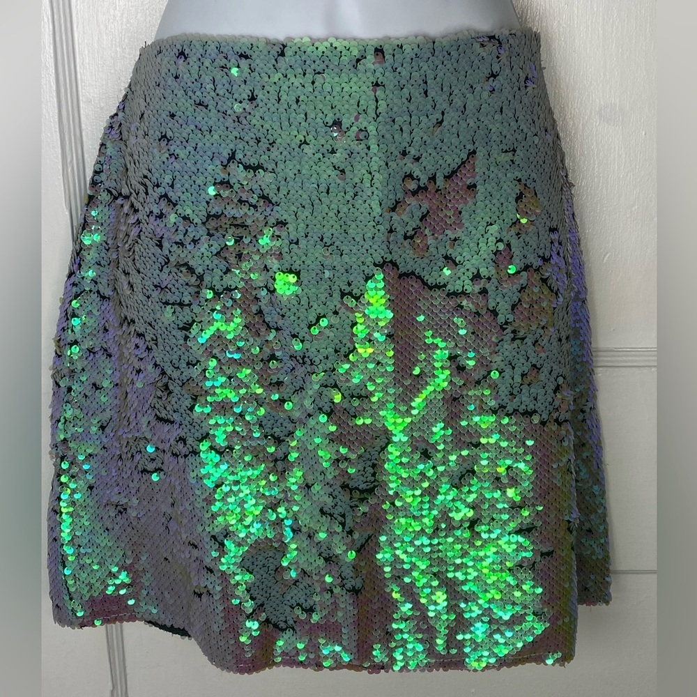 Zara M Iridescent Silver Green Multicolored Sequin Mini Skirt
